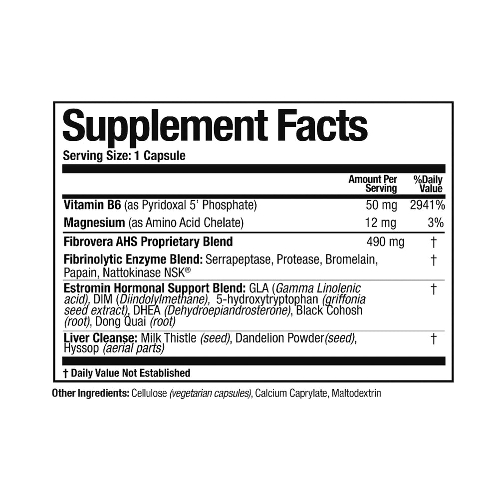 Fibrovera bottle back detailing ingredients for women's wellness.