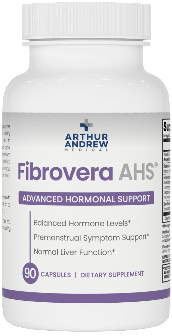 Arthur Andrew Medical Fibrovera bottle front promoting gentle hormone balance.