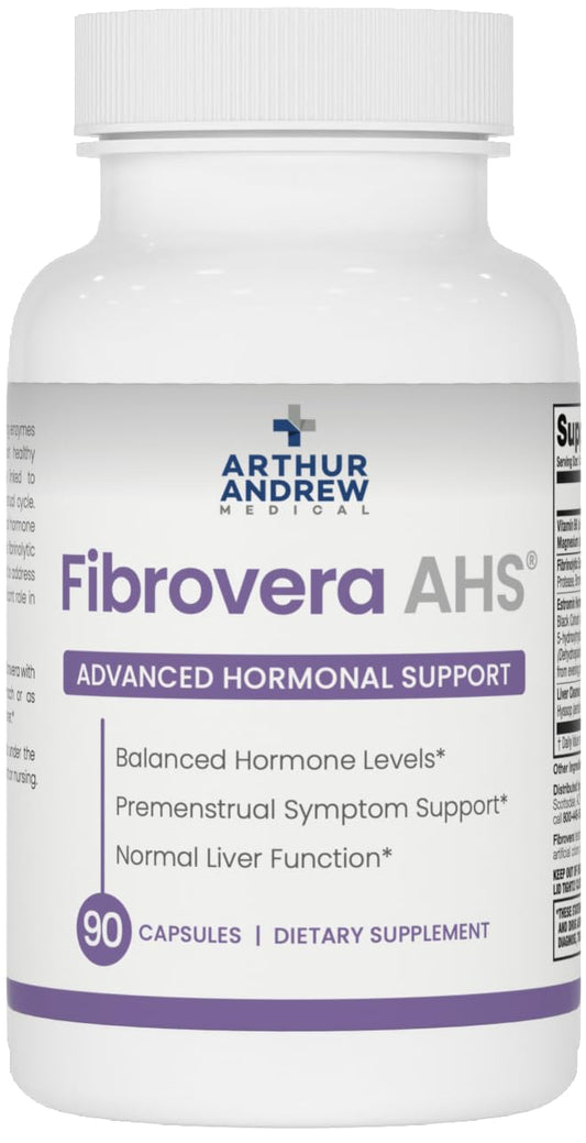 Arthur Andrew Medical Fibrovera bottle front promoting gentle hormone balance.