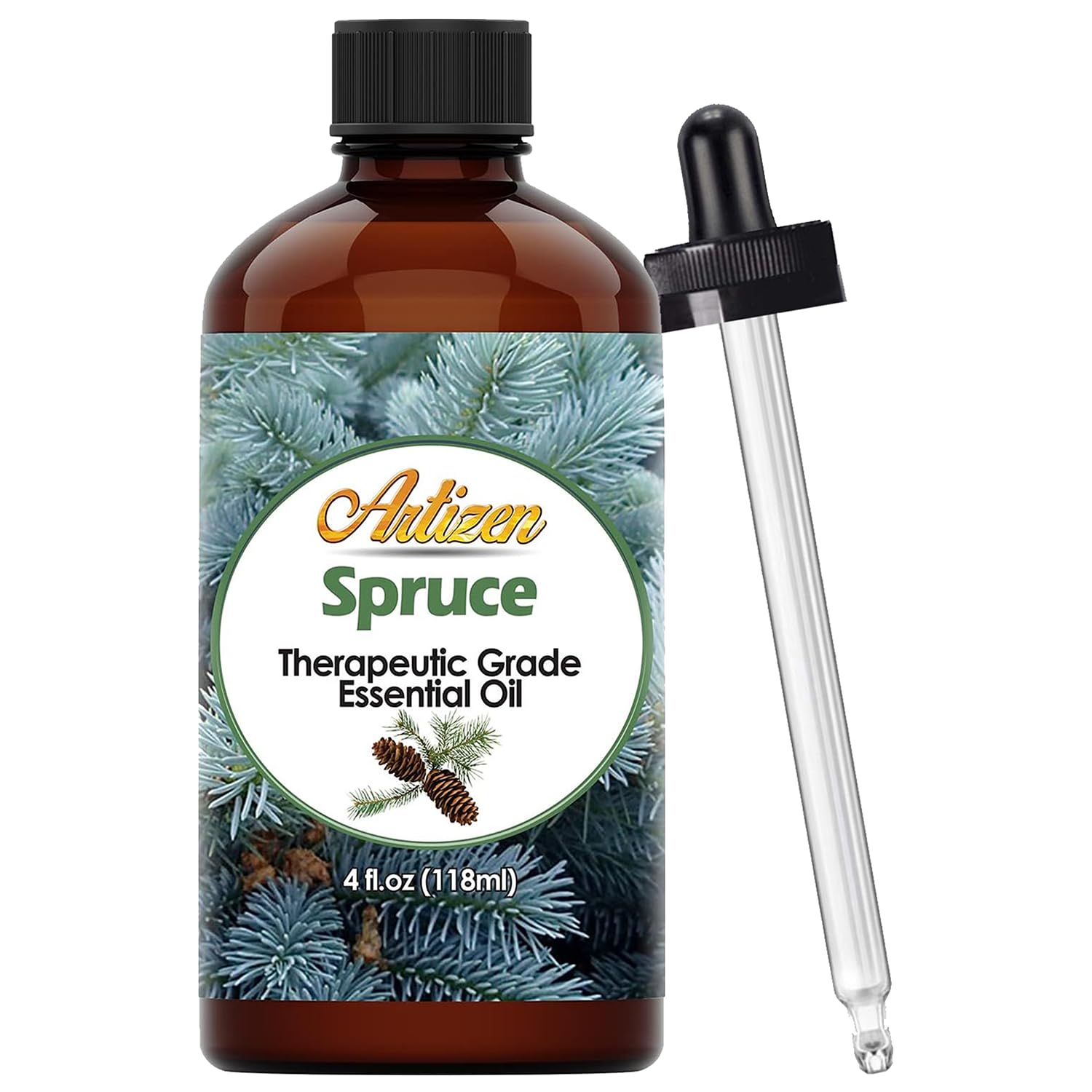 Artizen Spruce essential oil bottle pour highlights purity and concentration.