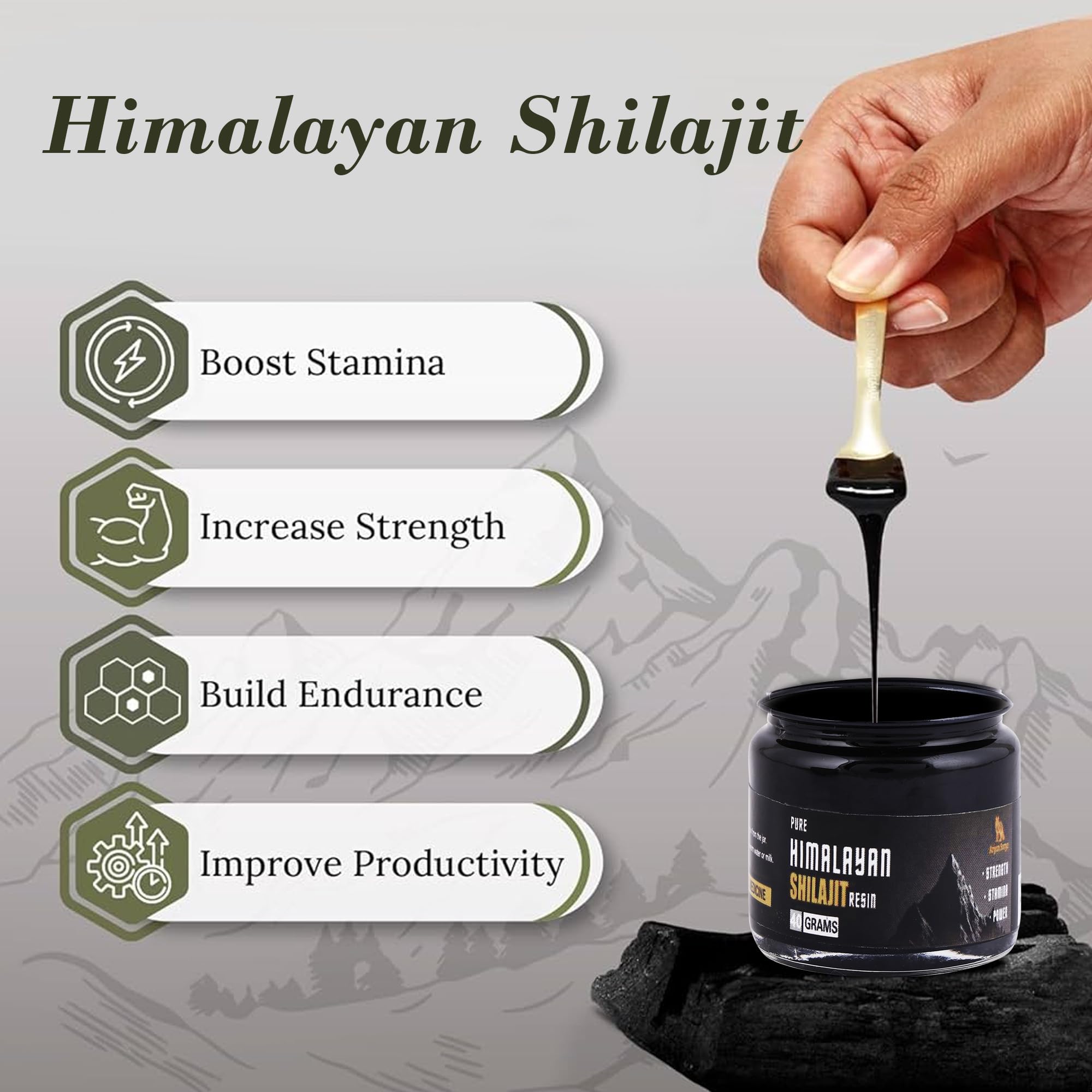 Aryan Surya Shilajit resin label highlights minerals and purity.