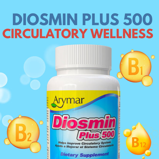 Arymar Diosmin Plus 500 bottle back label shows dosage and ingredients.