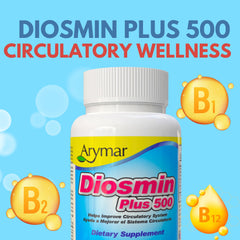 Arymar Diosmin Plus 500 bottle back label shows dosage and ingredients.