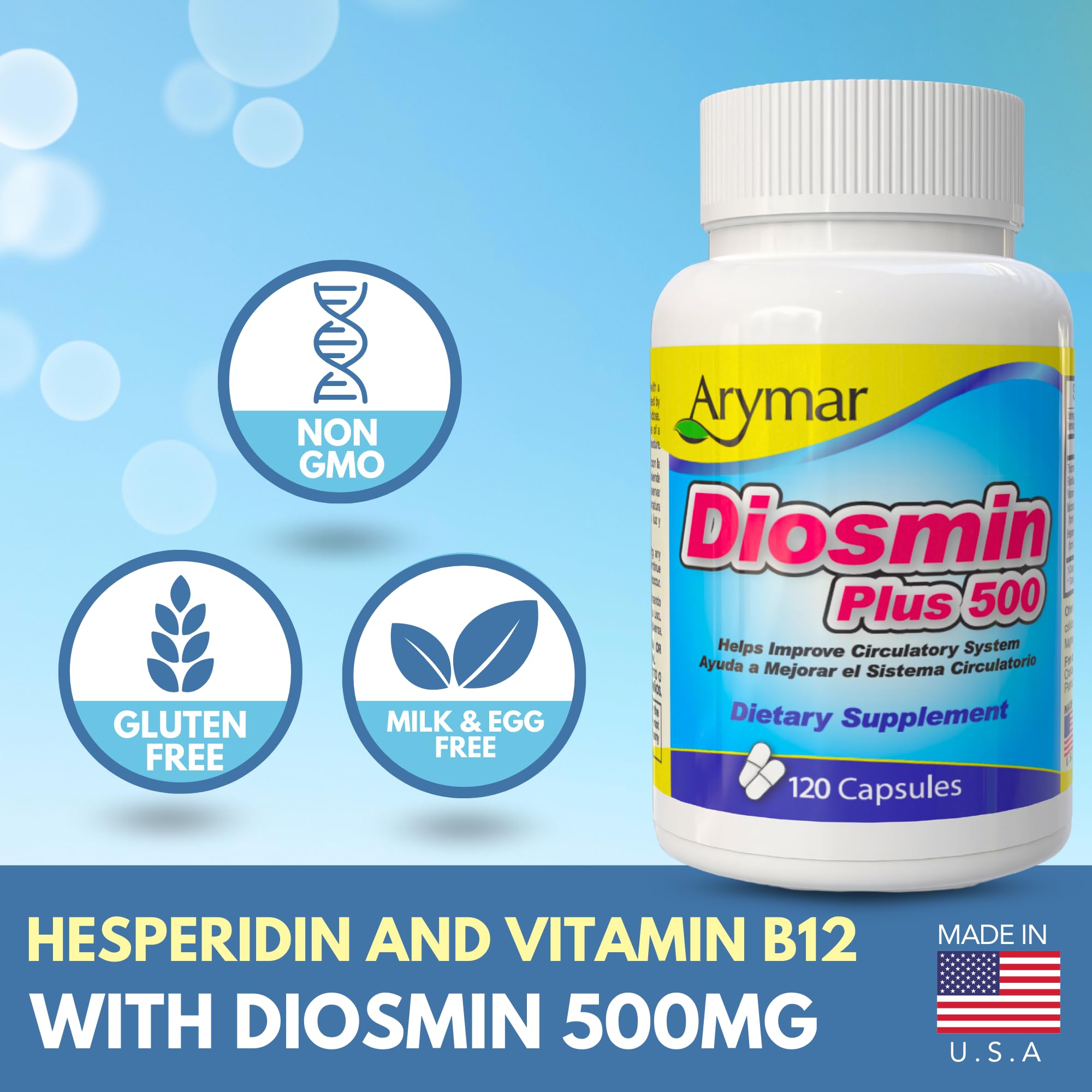 Arymar Diosmin Plus 500 label closeup shows 500 mg dosage.