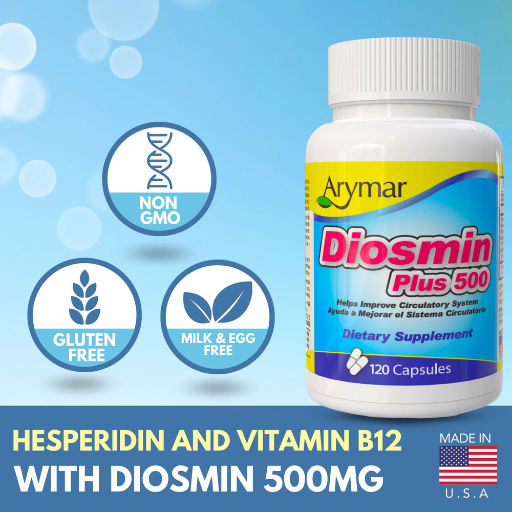 Arymar Diosmin Plus 500 label closeup shows 500 mg dosage.