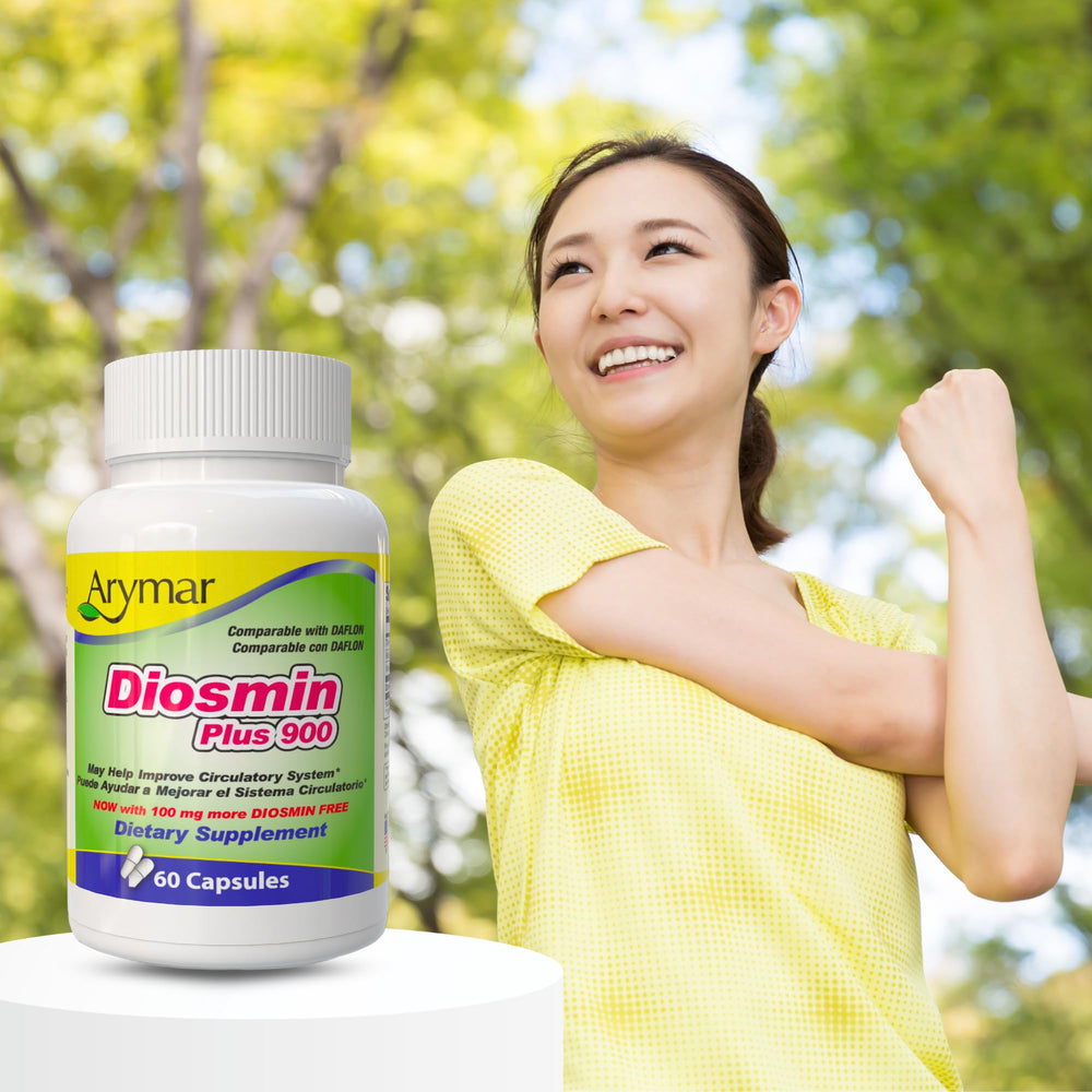 Arymar Diosmin Plus 900 bottle back label detailing ingredients and intake.