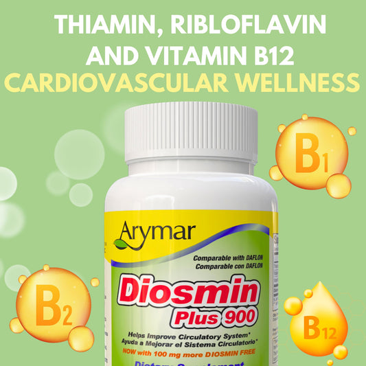 Arymar Diosmin Plus 900 capsules closeup emphasizing easy daily dosing.