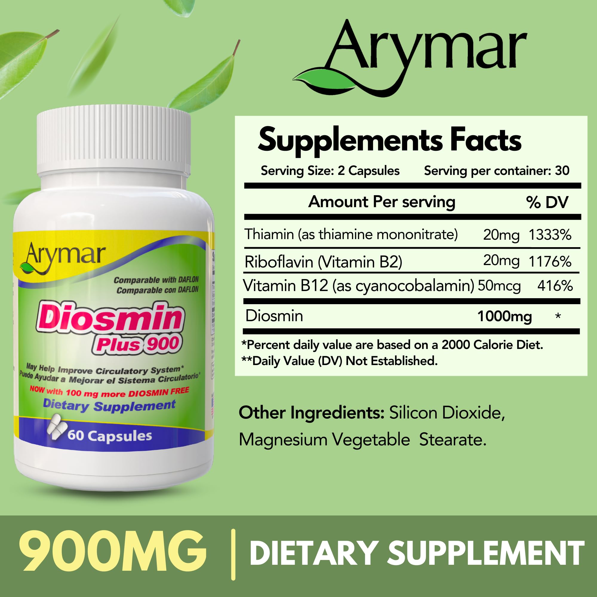 Arymar Diosmin Plus 900 dosage instruction closeup showing capsule routine.