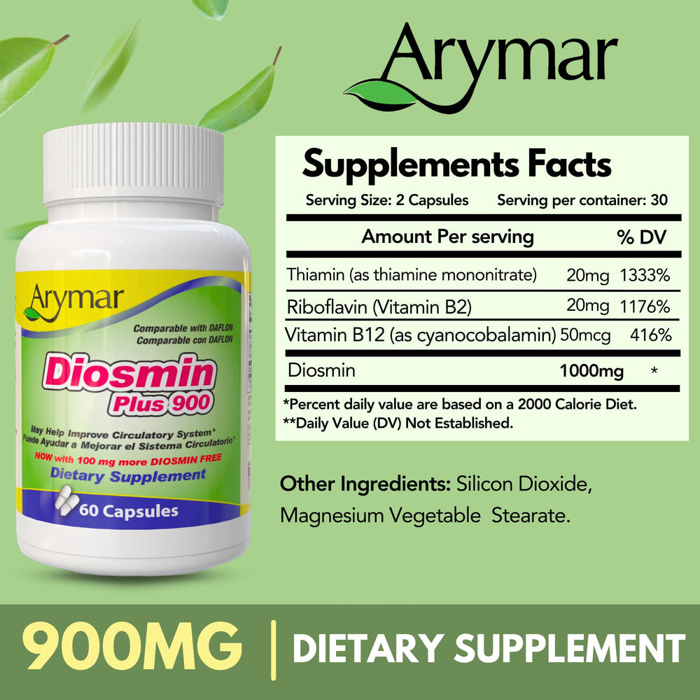 Arymar Diosmin Plus 900 dosage instruction closeup showing capsule routine.