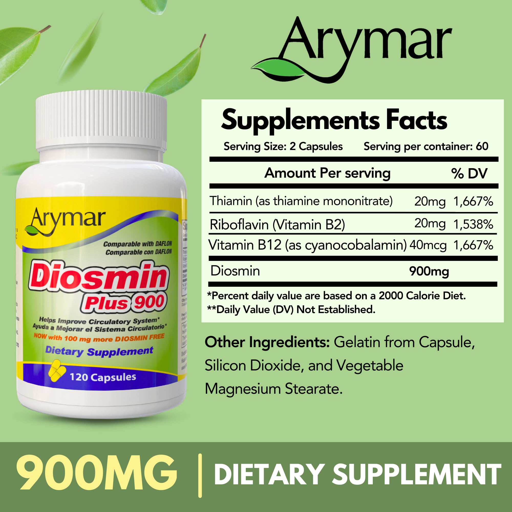 Arymar Diosmin Plus 900 ingredients panel with natural flavonoid diosmin