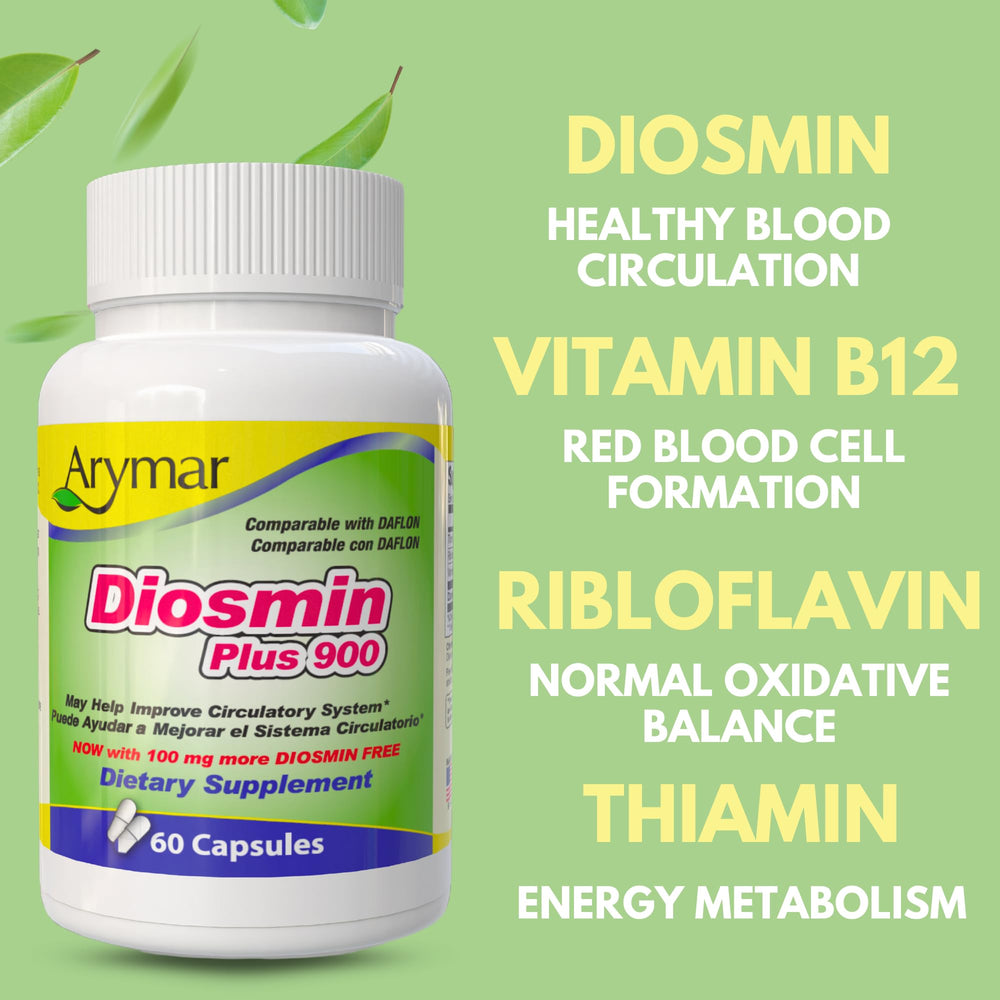 Arymar Diosmin Plus 900 packaging box highlighting natural ingredients.