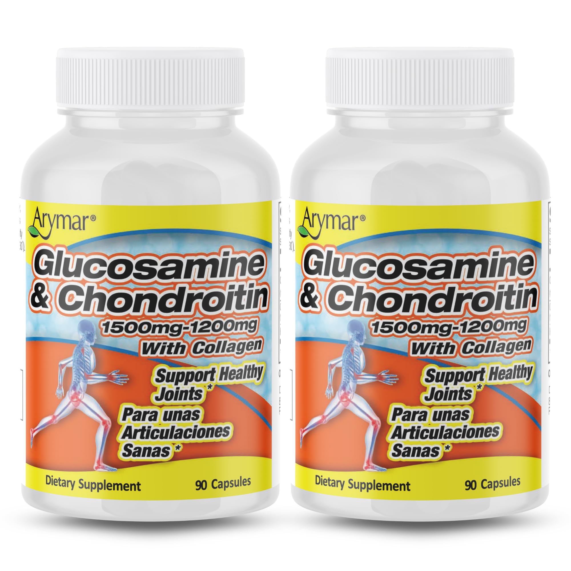 Arymar glucosamine chondroitin collagen bottle shown for joint support.