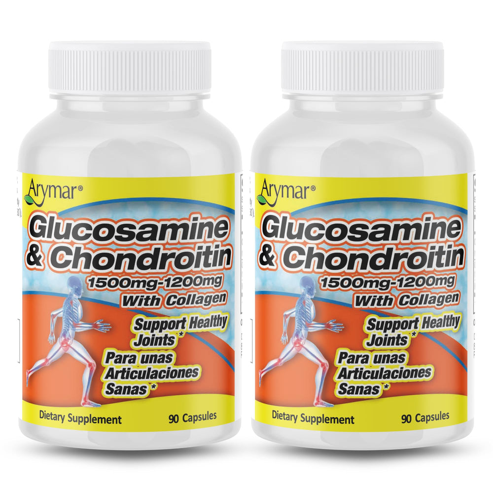 Arymar glucosamine chondroitin collagen bottle shown for joint support.