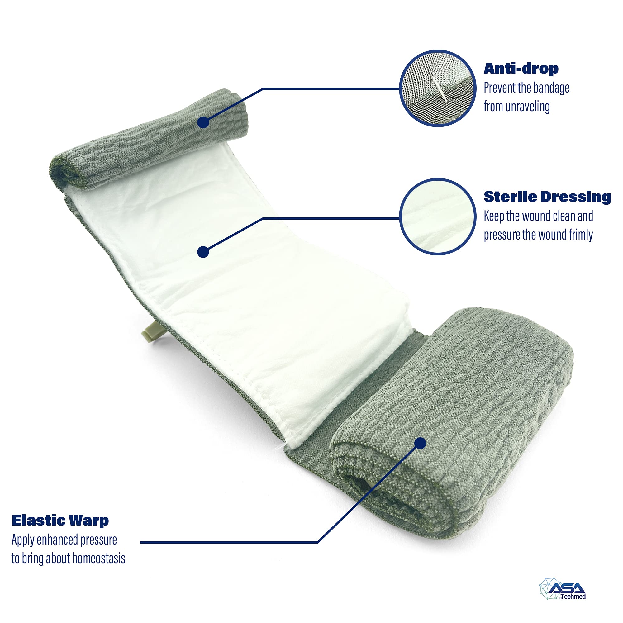 Closure bar on ASA TECHMED bandage enabling one-handed secure compression