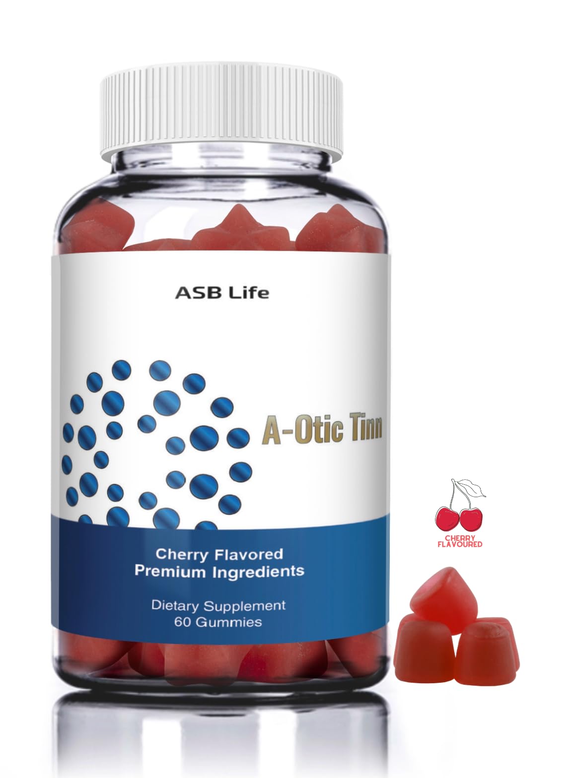 ASB Life Tinnitus Relief gummies bottle with cherry flavor for daily ear health support.