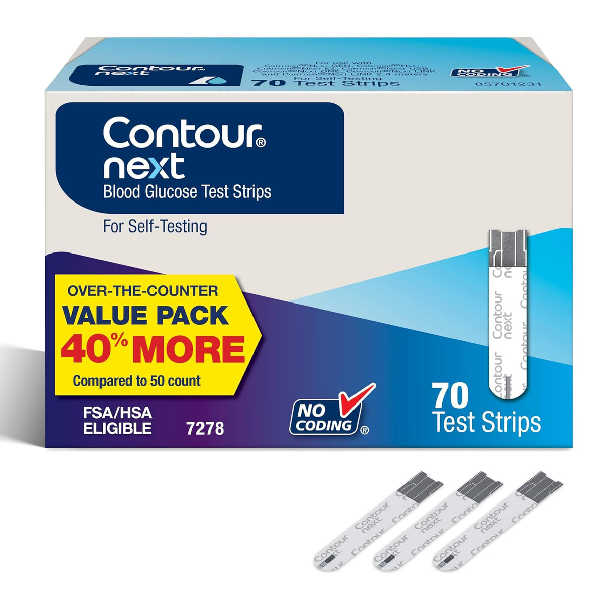 Ascensia Contour Next strips 70-count pack for convenient blood glucose testing.