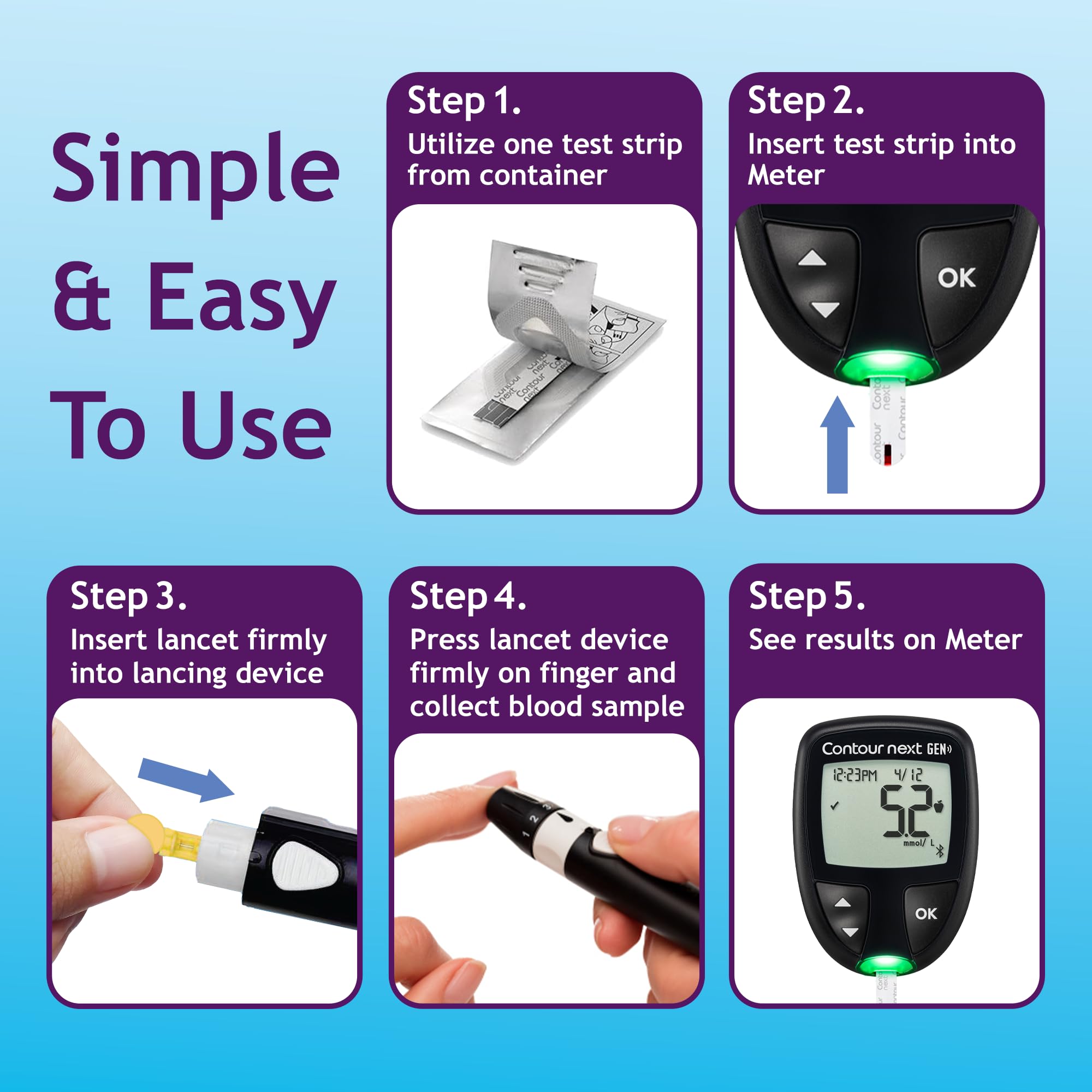 Ascensia Contour Next strips compatible with all Contour Next meters.