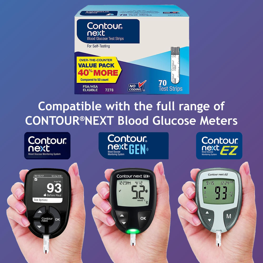 Ascensia Contour Next strips illustrating a tiny 0.6 µL blood sample.