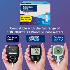 Ascensia Contour Next strips illustrating a tiny 0.6 µL blood sample.