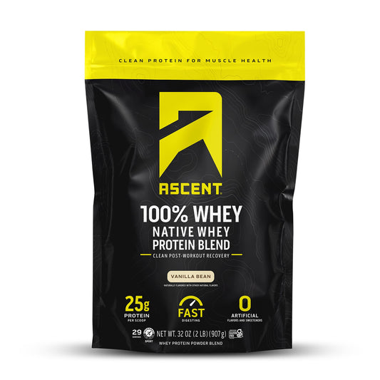 Ascent 100% Whey Vanilla Bean container promotes clean post-workout fuel.