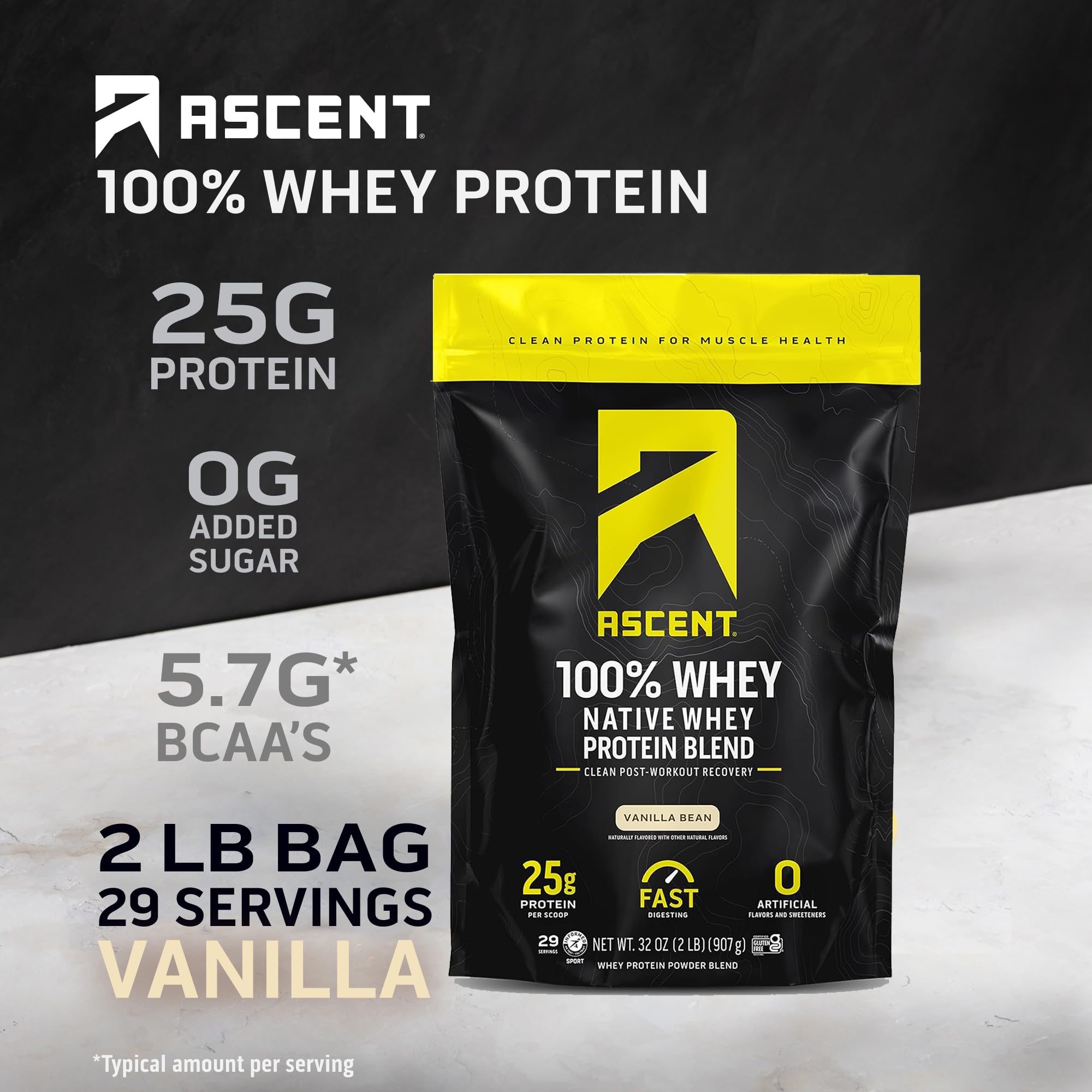 Ascent 100% Whey protein powder scoop highlights precise 25g serving for daily protein.