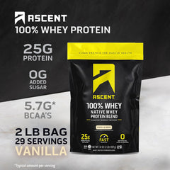 Ascent 100% Whey protein powder scoop highlights precise 25g serving for daily protein.