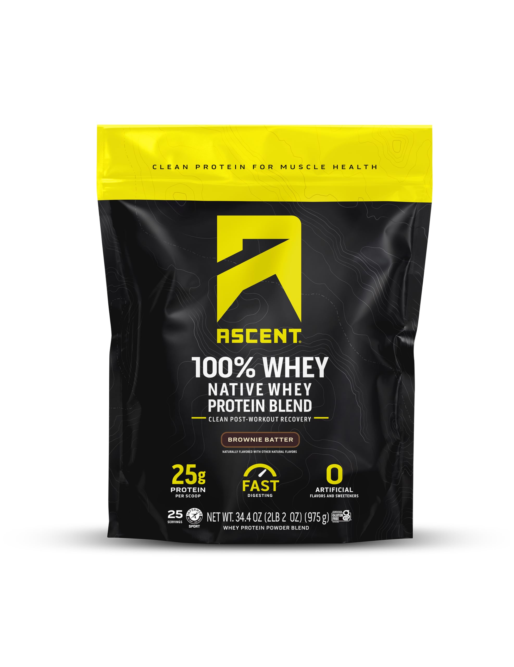Ascent brownie batter whey powder bag highlighting gluten-free protein for post-workout recovery.