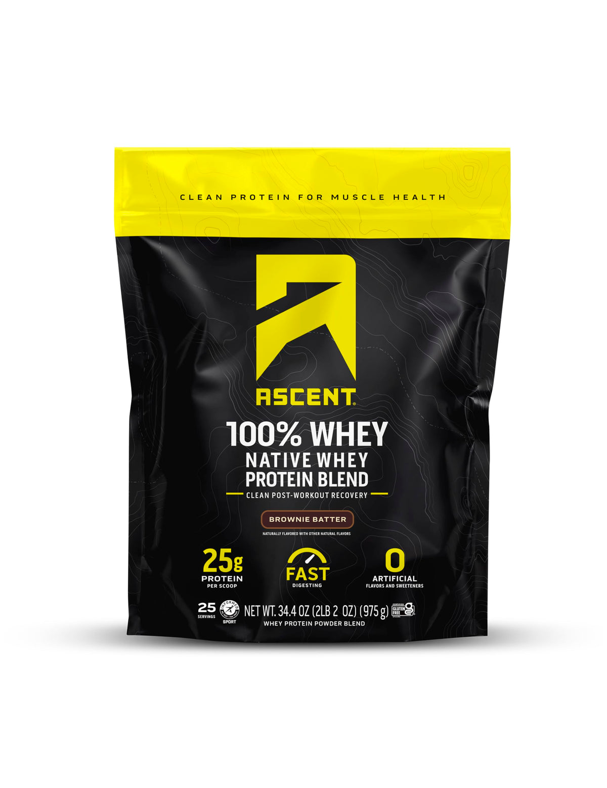 Ascent brownie batter whey powder bag highlighting gluten-free protein for post-workout recovery.