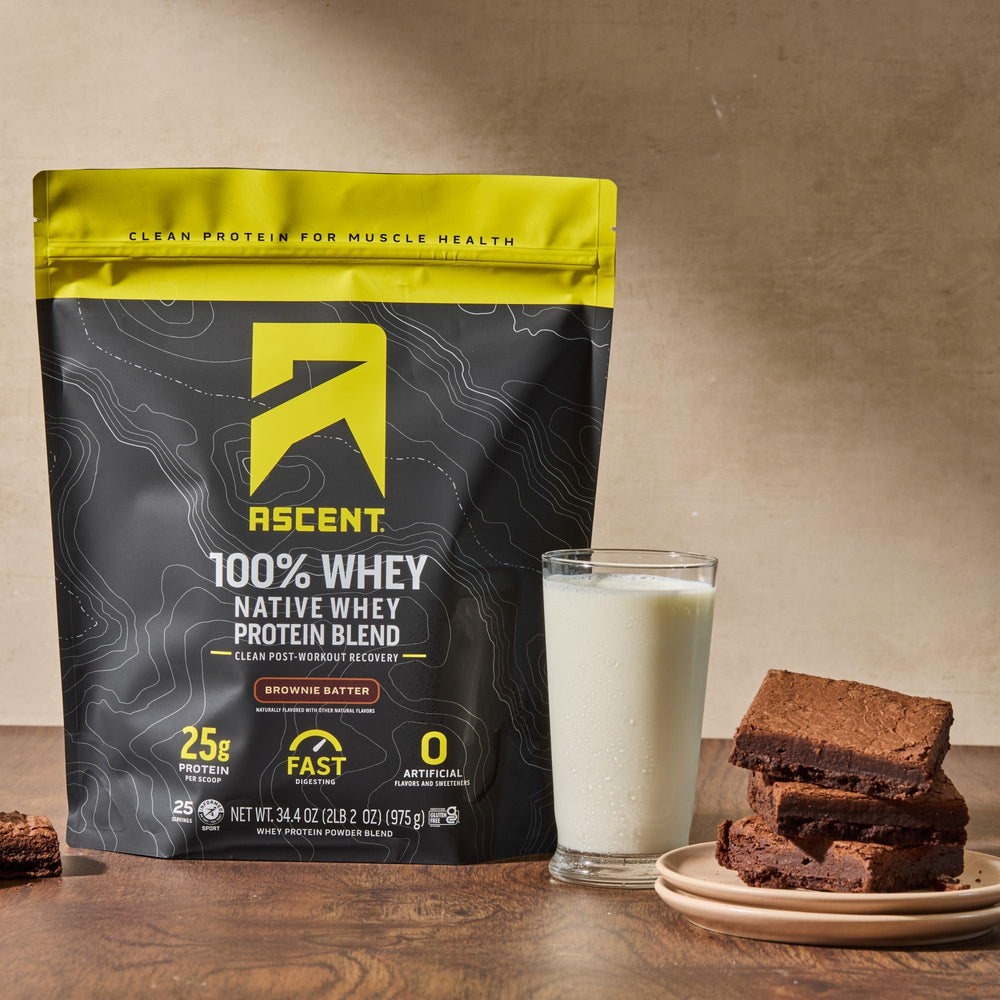 Ascent whey protein scoop measures 25g protein per serving for quick refuel.