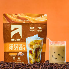 Ice-cold serving of Ascent Caramel Iced Coffee Protein Powder energizes your day.