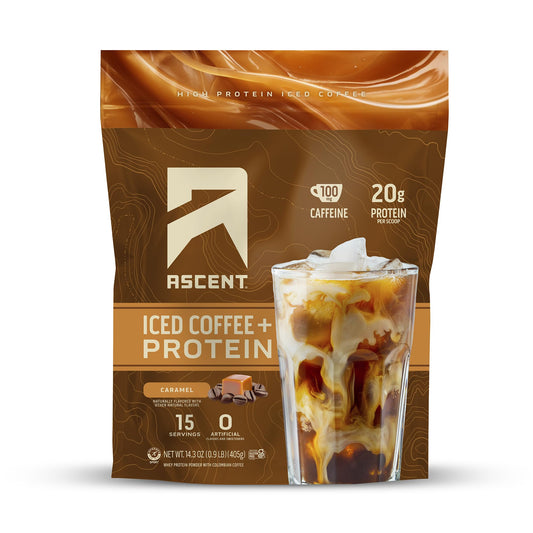 Ascent Caramel Iced Coffee Protein Powder jar for a protein boost per serving.