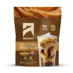 Ascent Caramel Iced Coffee Protein Powder jar for a protein boost per serving.