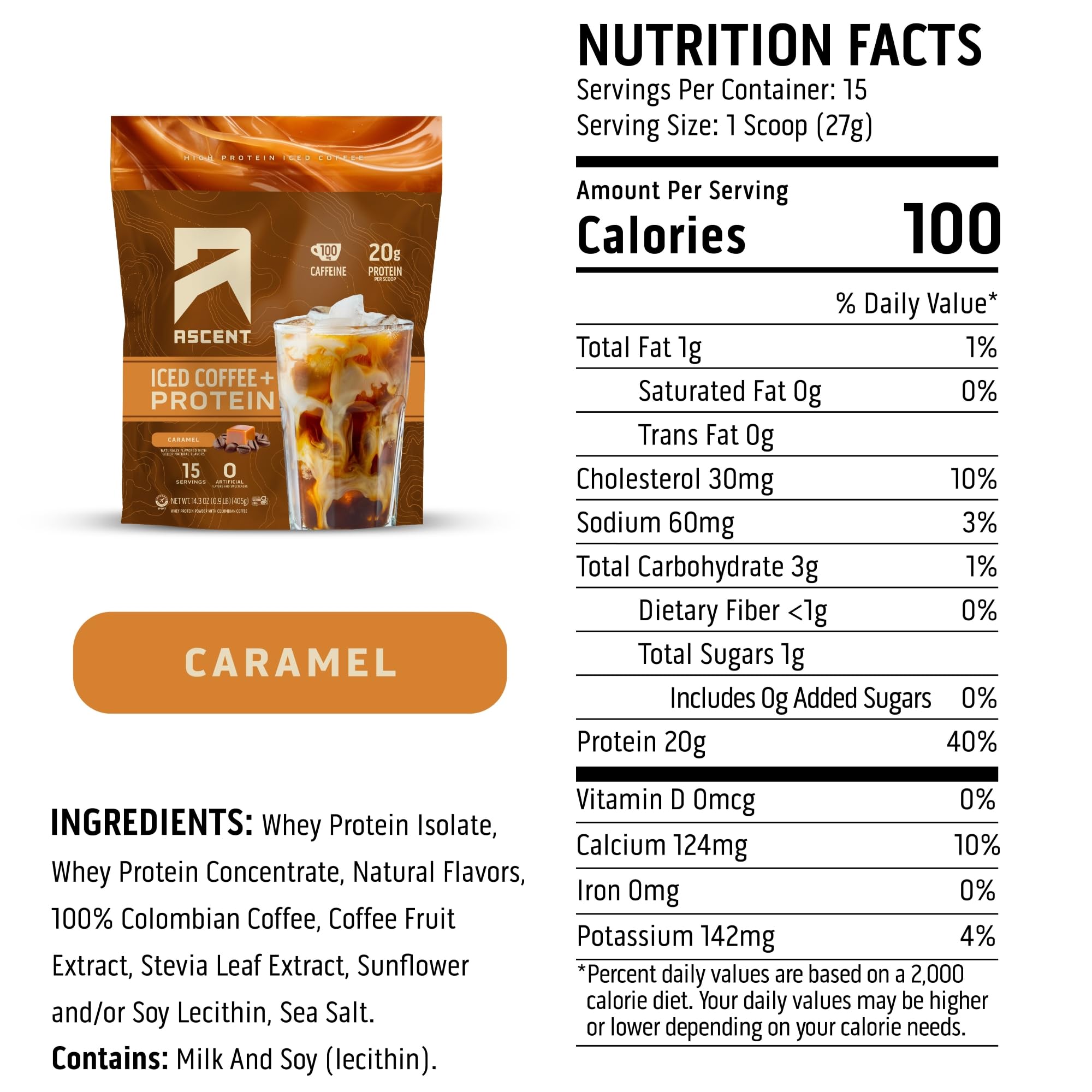 Pour-ready Ascent Caramel Iced Coffee Protein Powder for quick mixed drinks.