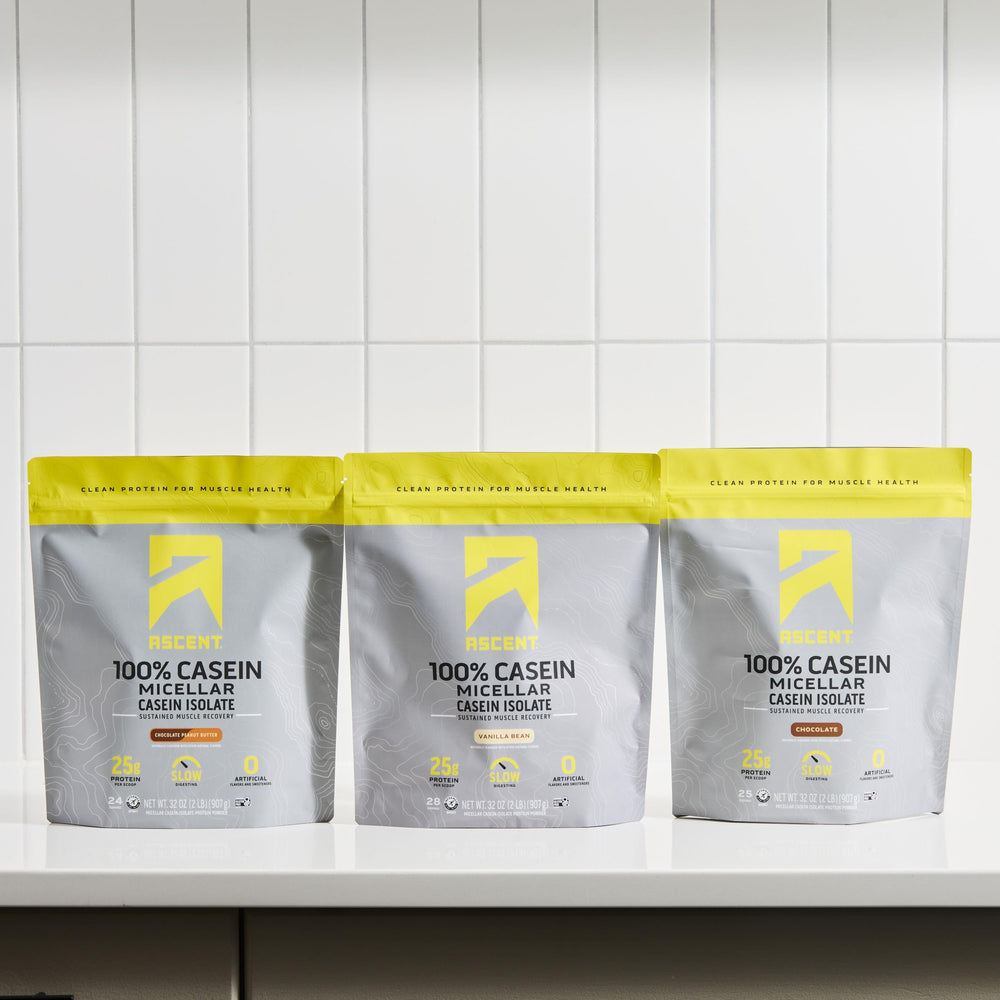 Ascent Casein Protein Powder with milk in glass, a simple low-sugar protein option.