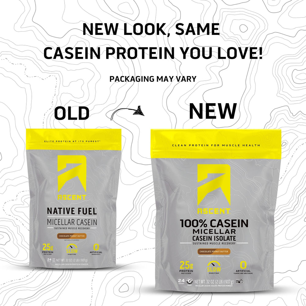 Ascent Casein Protein Powder scoop beside tub, convenient serving for high-protein snacks.