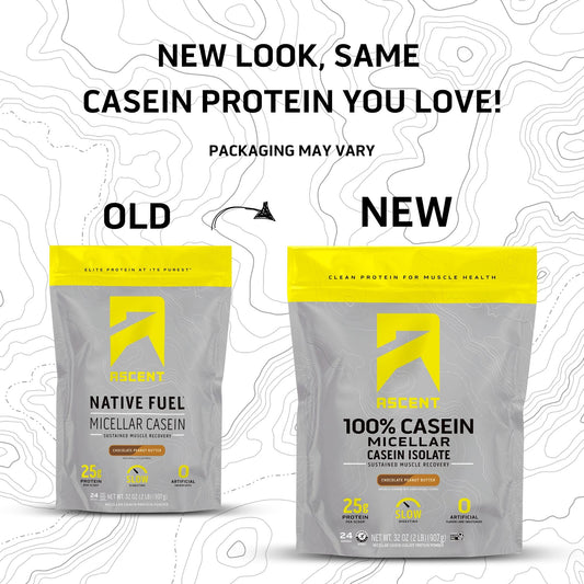 Ascent Casein Protein Powder scoop beside tub, convenient serving for high-protein snacks.