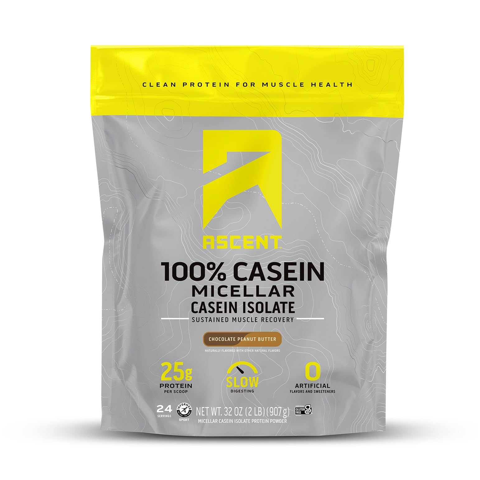 Ascent Casein Protein Powder tub in chocolate peanut butter flavor supports overnight recovery.