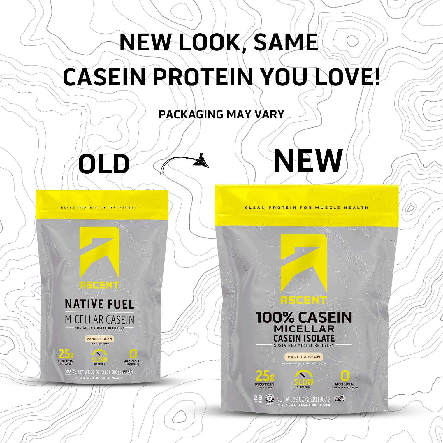 Close-up of Ascent Casein Vanilla Bean label highlighting gluten-free features