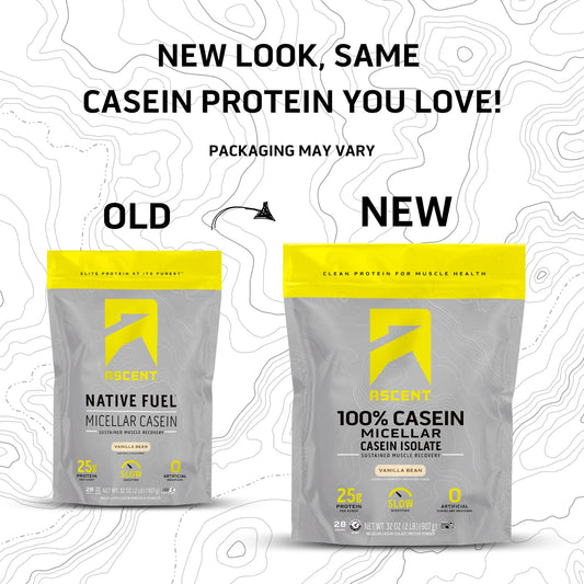 Close-up of Ascent Casein Vanilla Bean label highlighting gluten-free features