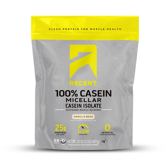 Ascent Casein Vanilla Bean powder in a jar for recovery and daily protein