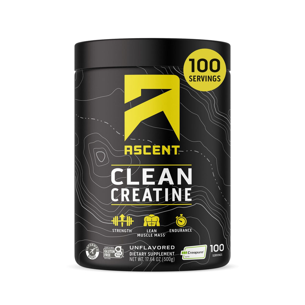 Ascent Clean Creatine bottle front with Creapure label signaling pure quality for daily use