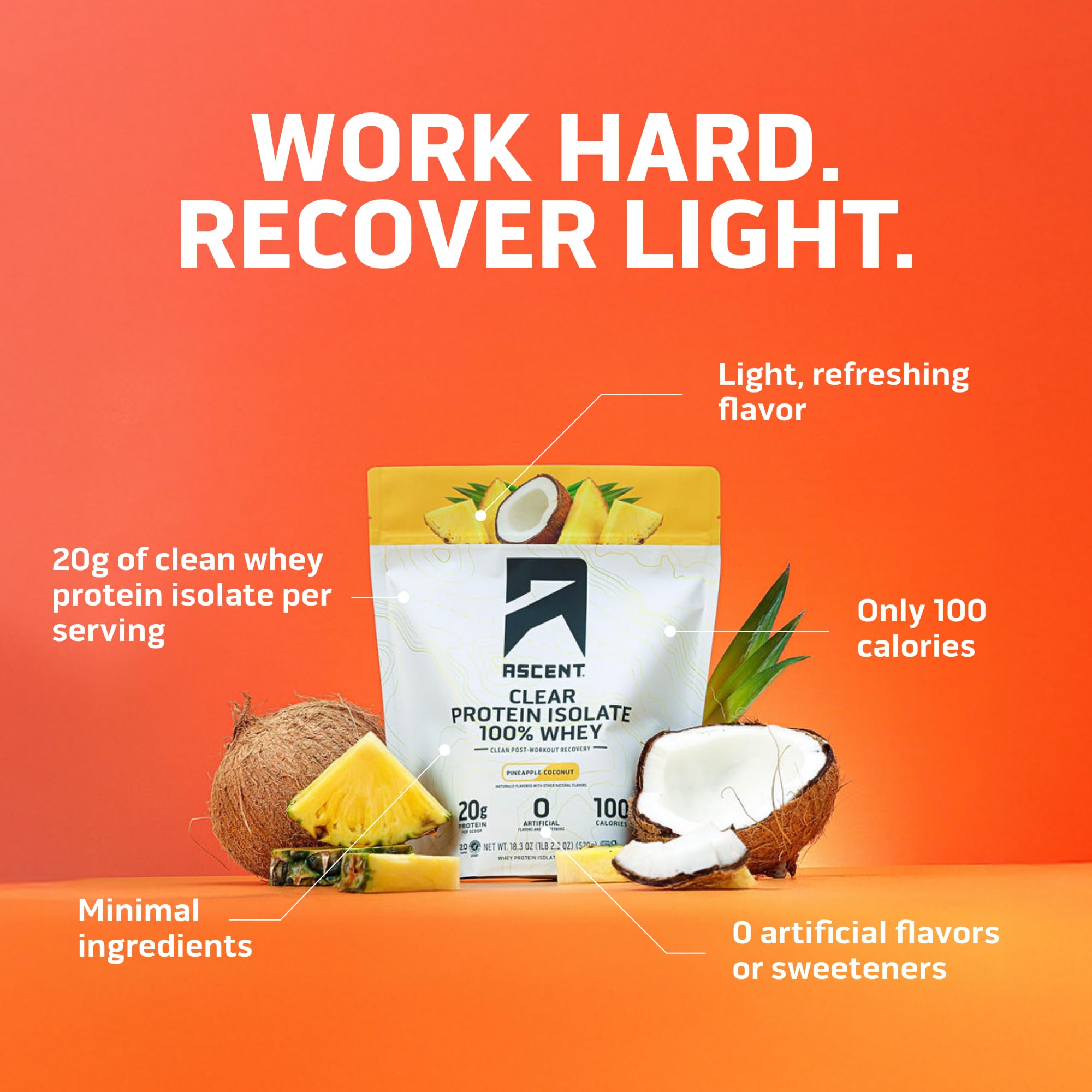 Ascent Clear Whey glass with pineapple coconut shows light, fruity hydration