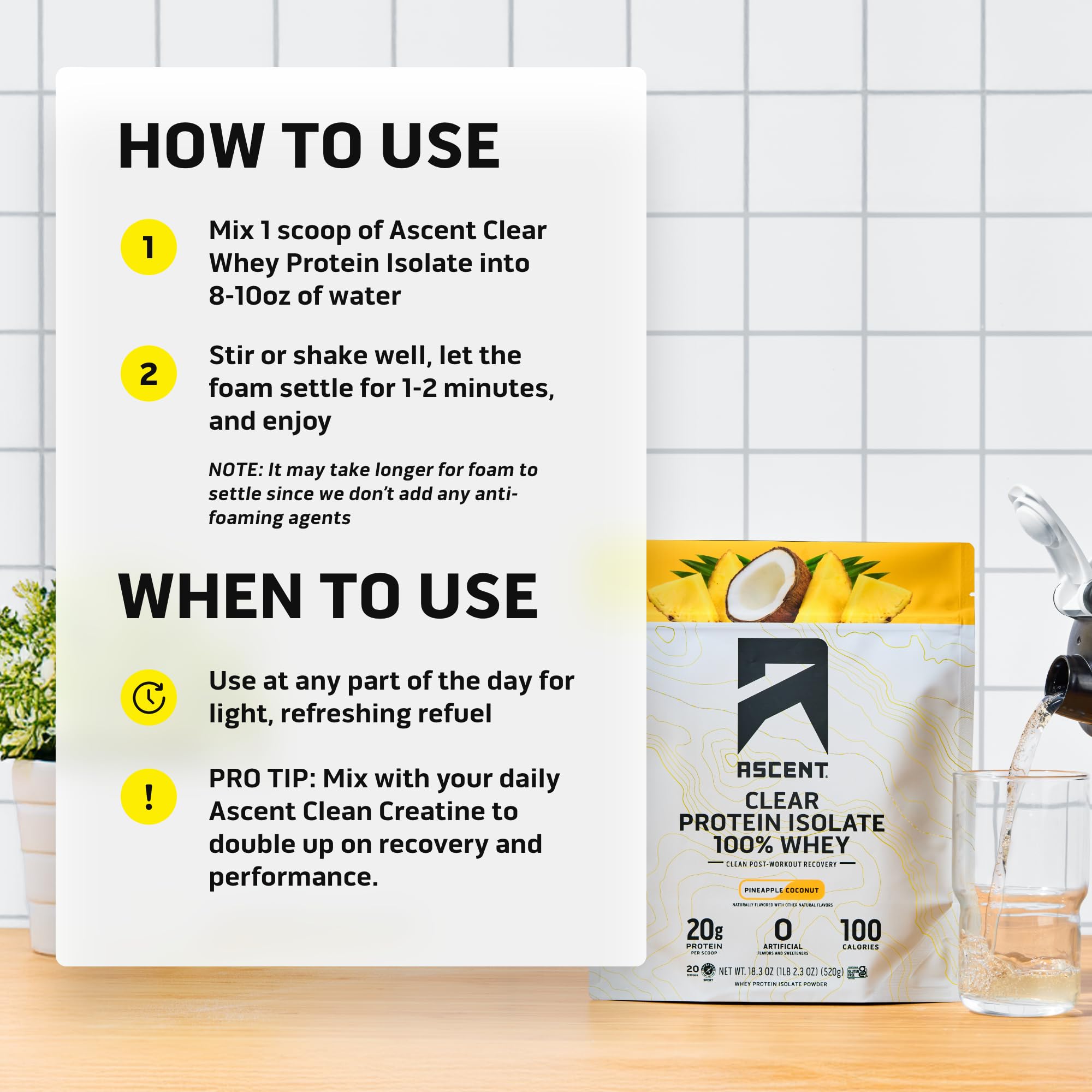 Ascent Clear Whey serving scoop demonstrates portion control and flavor choice