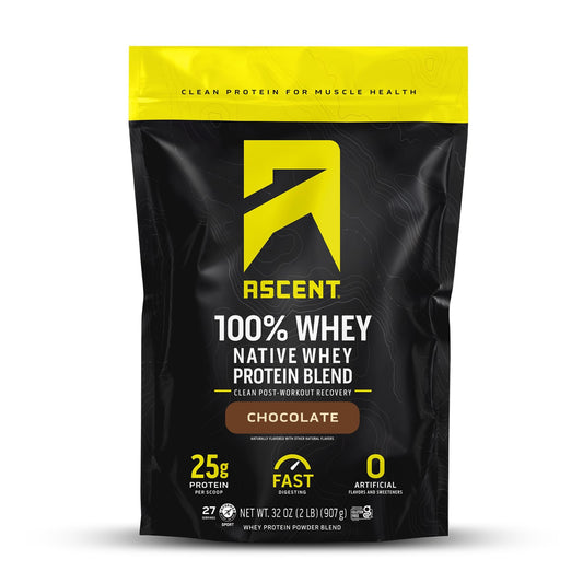 Ascent native whey bottle highlighting minimal ingredients for post-workout fuel