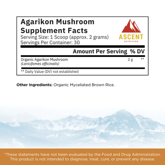 Ascent Nutrition agarikon powder texture close-up showing rich biomass.