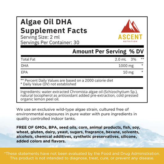 Ascent Nutrition algae oil droplets showing a precise 2.0 mL serving.