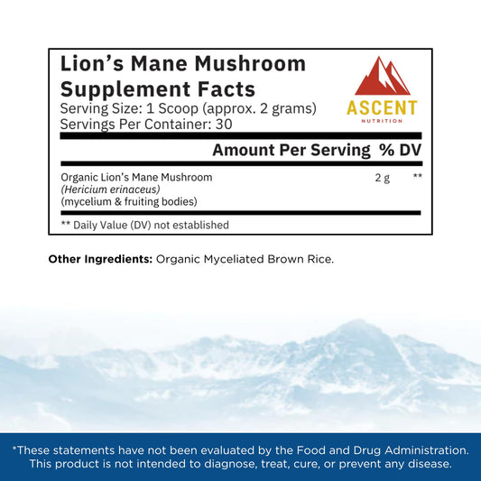 Ascent Nutrition Lion's Mane powder scoop for precise daily dosing and focus
