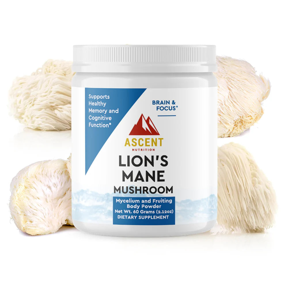 Ascent Nutrition Organic Lion's Mane powder in a jar suggesting cognitive support