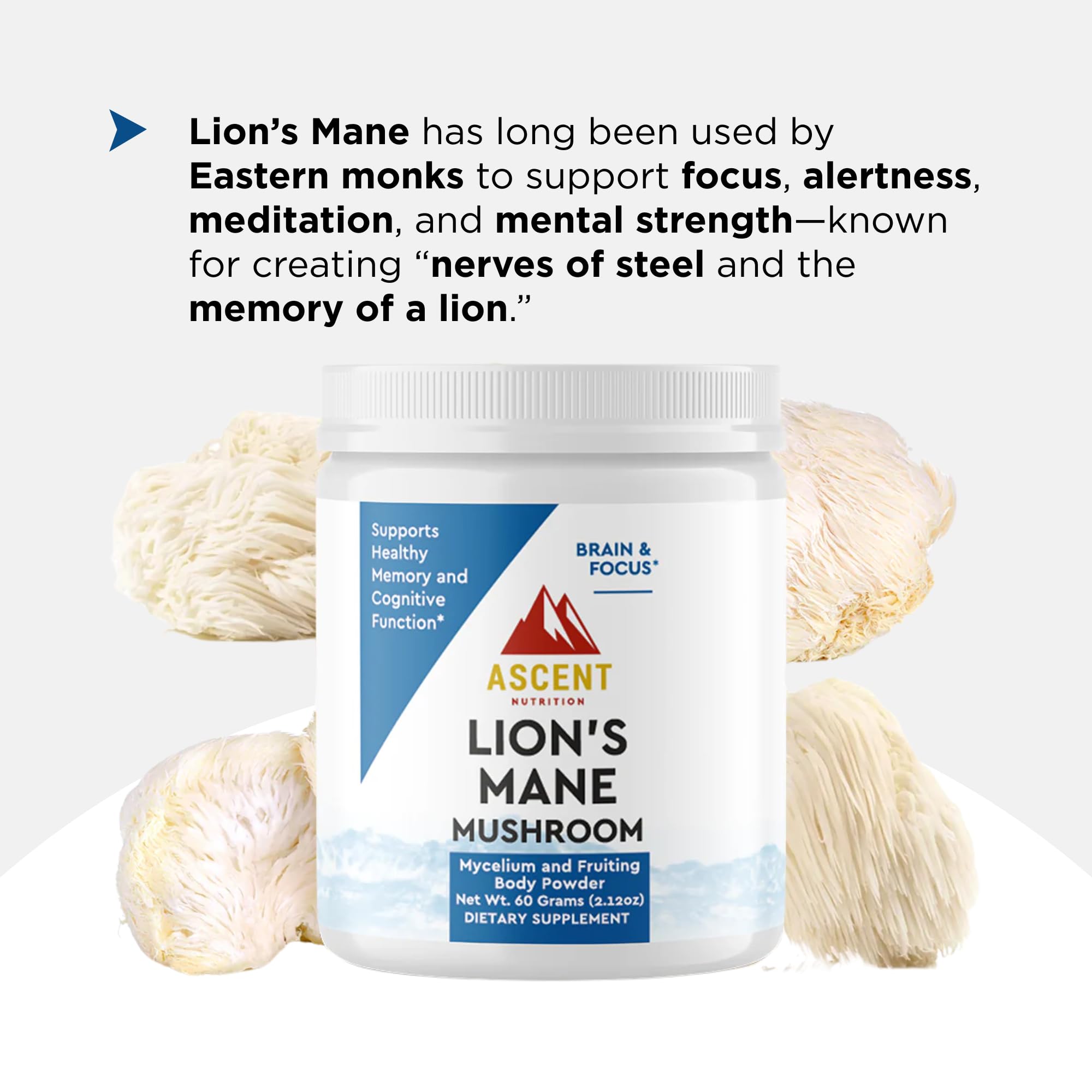 Ascent Nutrition packaging highlights USA-grown organic Lion's Mane powder