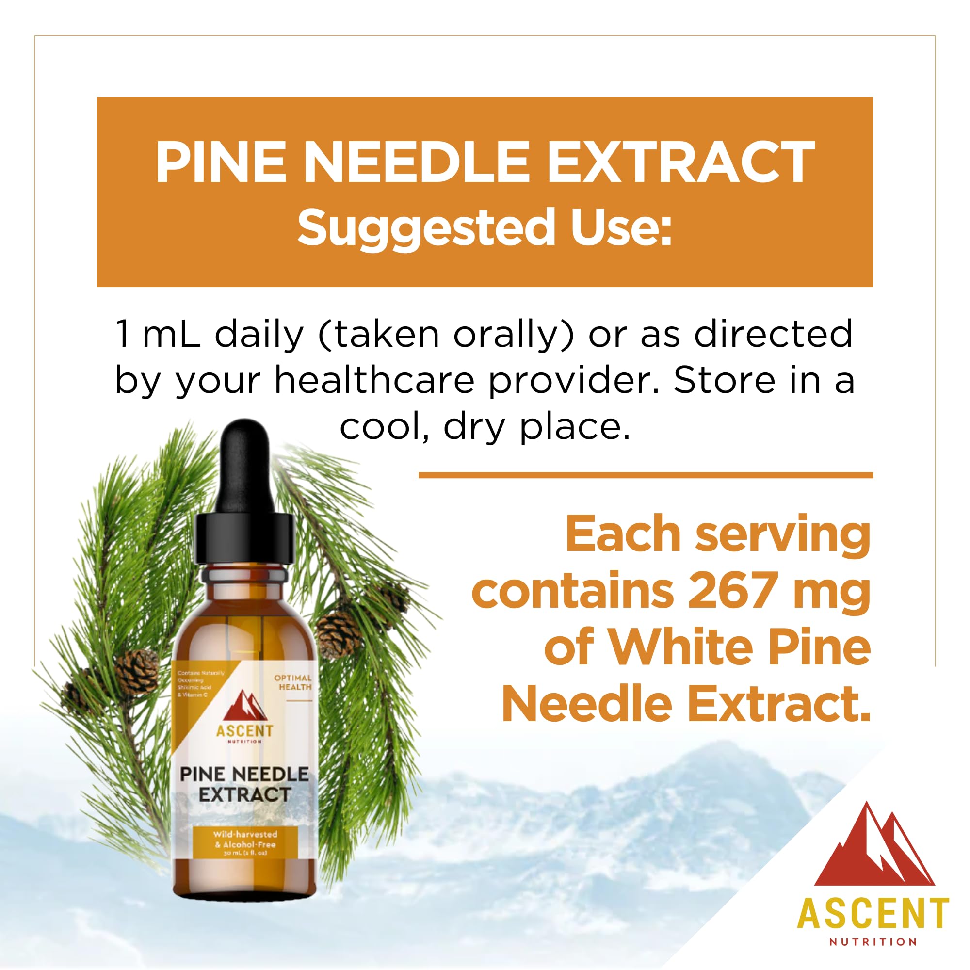 Ascent Nutrition Pine Needle Extract packaging shot emphasizing wild-harvested sourcing